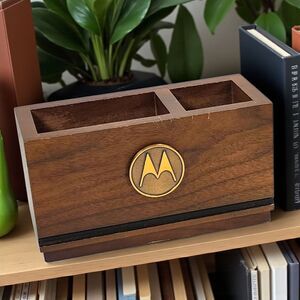 Vintage Motorola Walnut Desk Organizer Jostens 1970s–80s MCM Corporate Promo